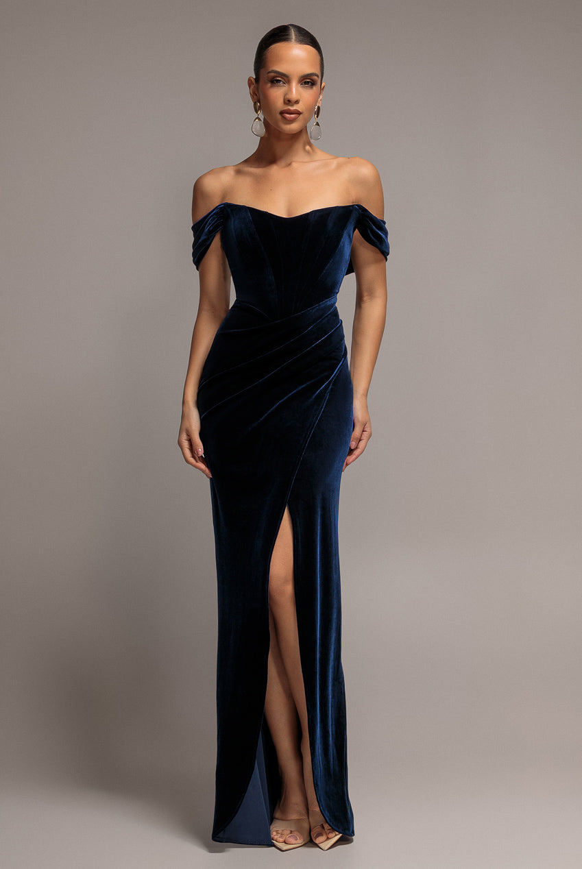 Draped Shoulder Velvet Corset Maxi Dress - Navy Blue DR4044