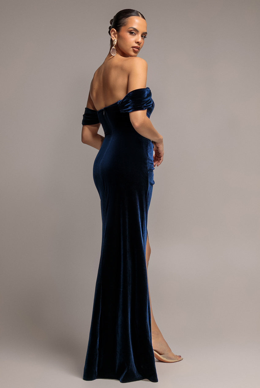 Draped Shoulder Velvet Corset Maxi Dress - Navy Blue DR4044