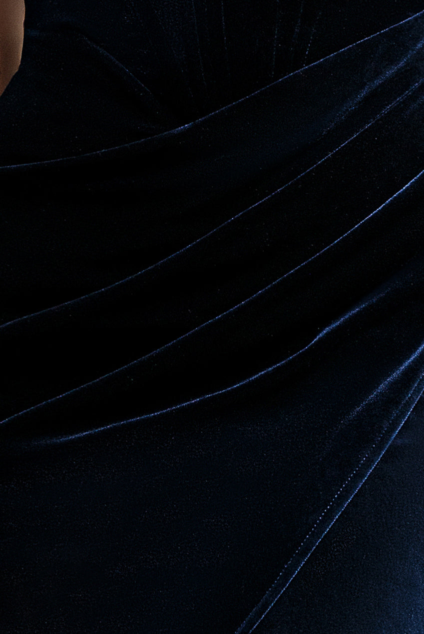 Draped Shoulder Velvet Corset Maxi Dress - Navy Blue DR4044