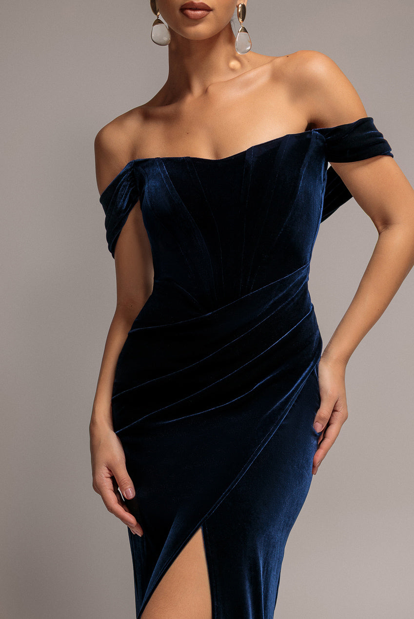 Draped Shoulder Velvet Corset Maxi Dress - Navy Blue DR4044