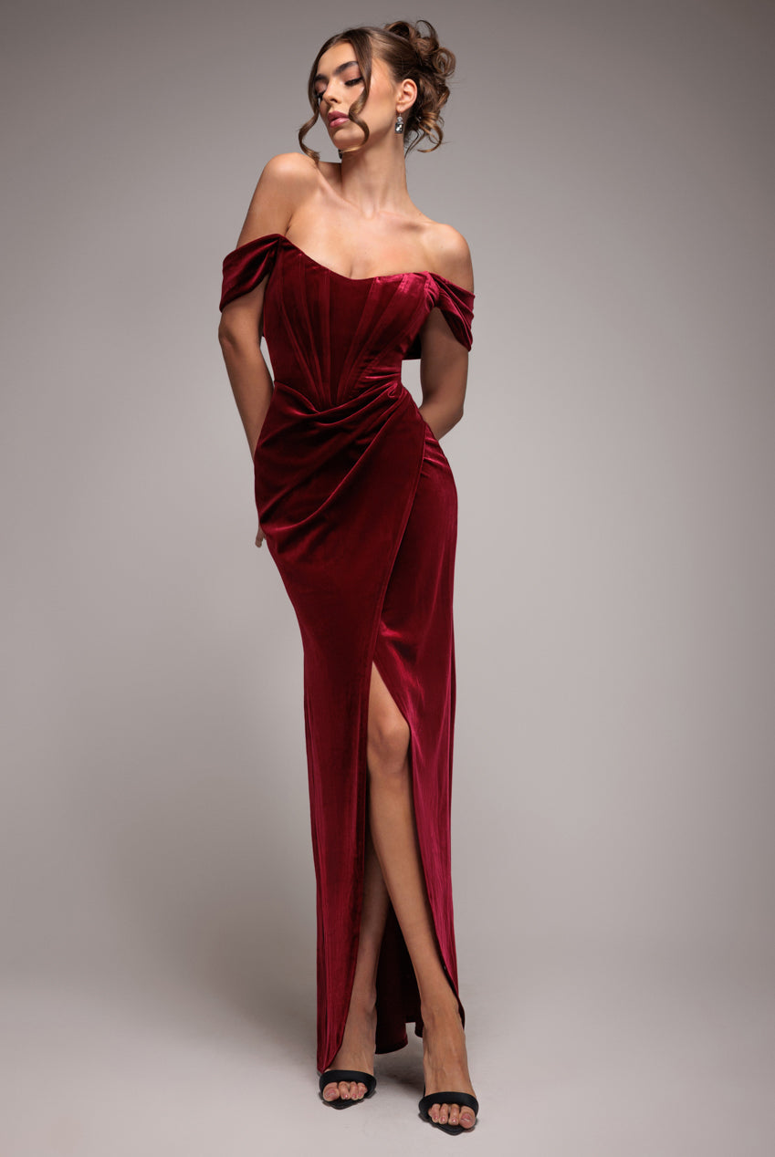 Draped Shoulder Velvet Corset Maxi Dress - Wine DR4044