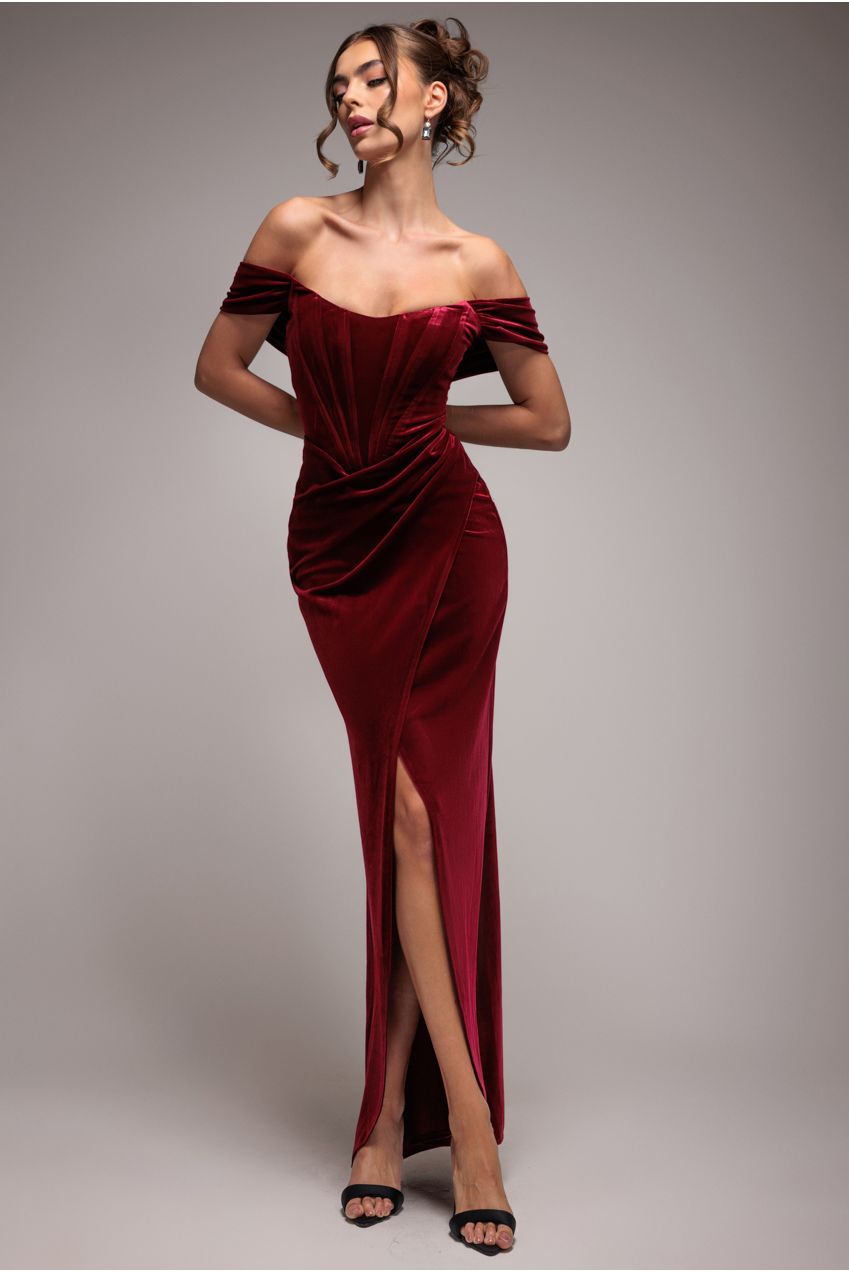 Draped Shoulder Velvet Corset Maxi Dress - Wine | Goddiva Draped Shoulder Velvet Corset Maxi Dress - Wine | Goddiva
