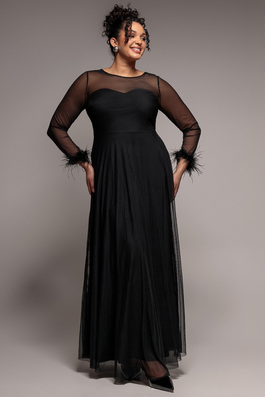 Dobby Mesh Feather Sleeve Hem Maxi Dress - Black DR4046PLUS