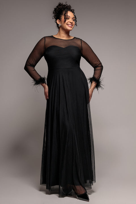 Dobby Mesh Feather Sleeve Hem Maxi Dress - Black by Goddiva Plus