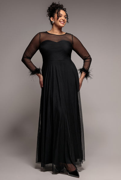 Goddiva Dobby Mesh Feather Sleeve Hem Maxi Dress - Black | Plus
