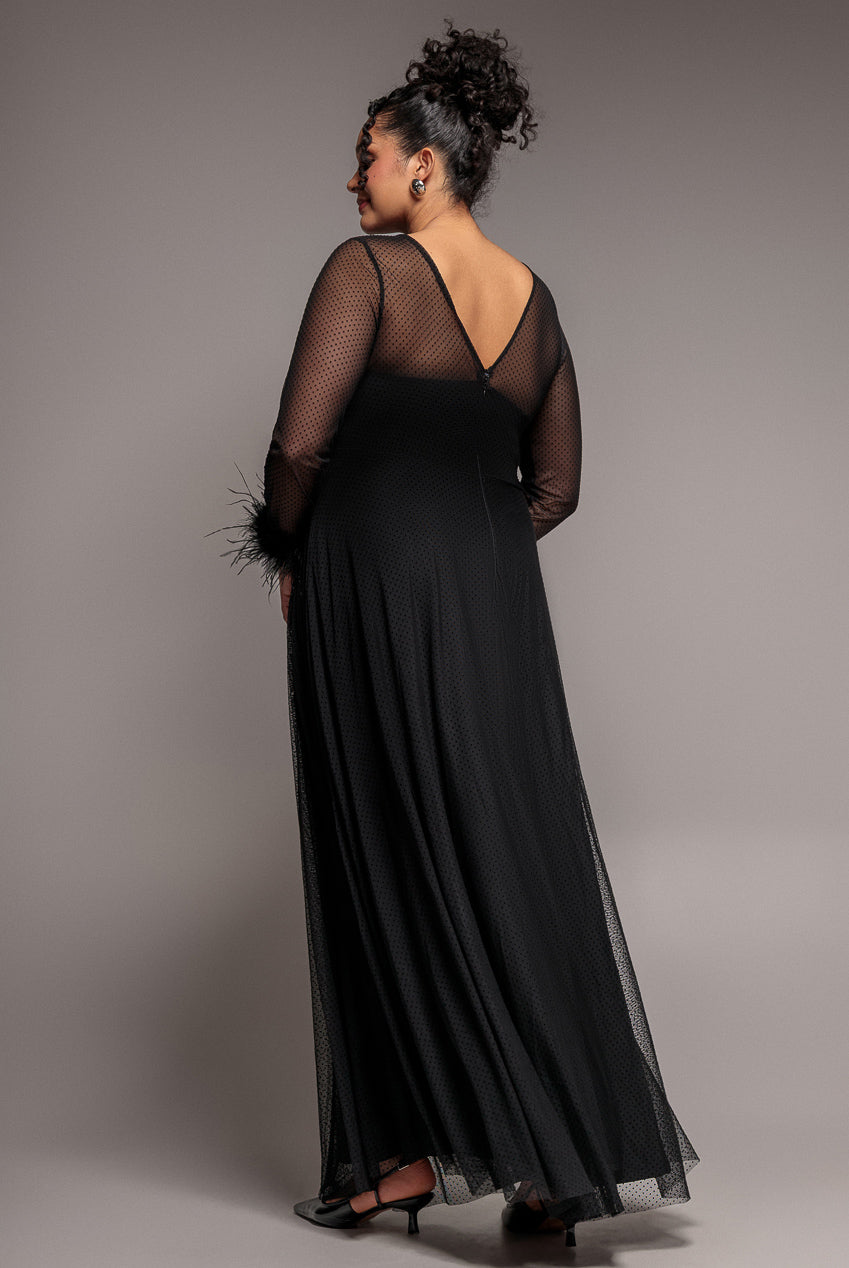 Dobby Mesh Feather Sleeve Hem Maxi Dress - Black DR4046PLUS