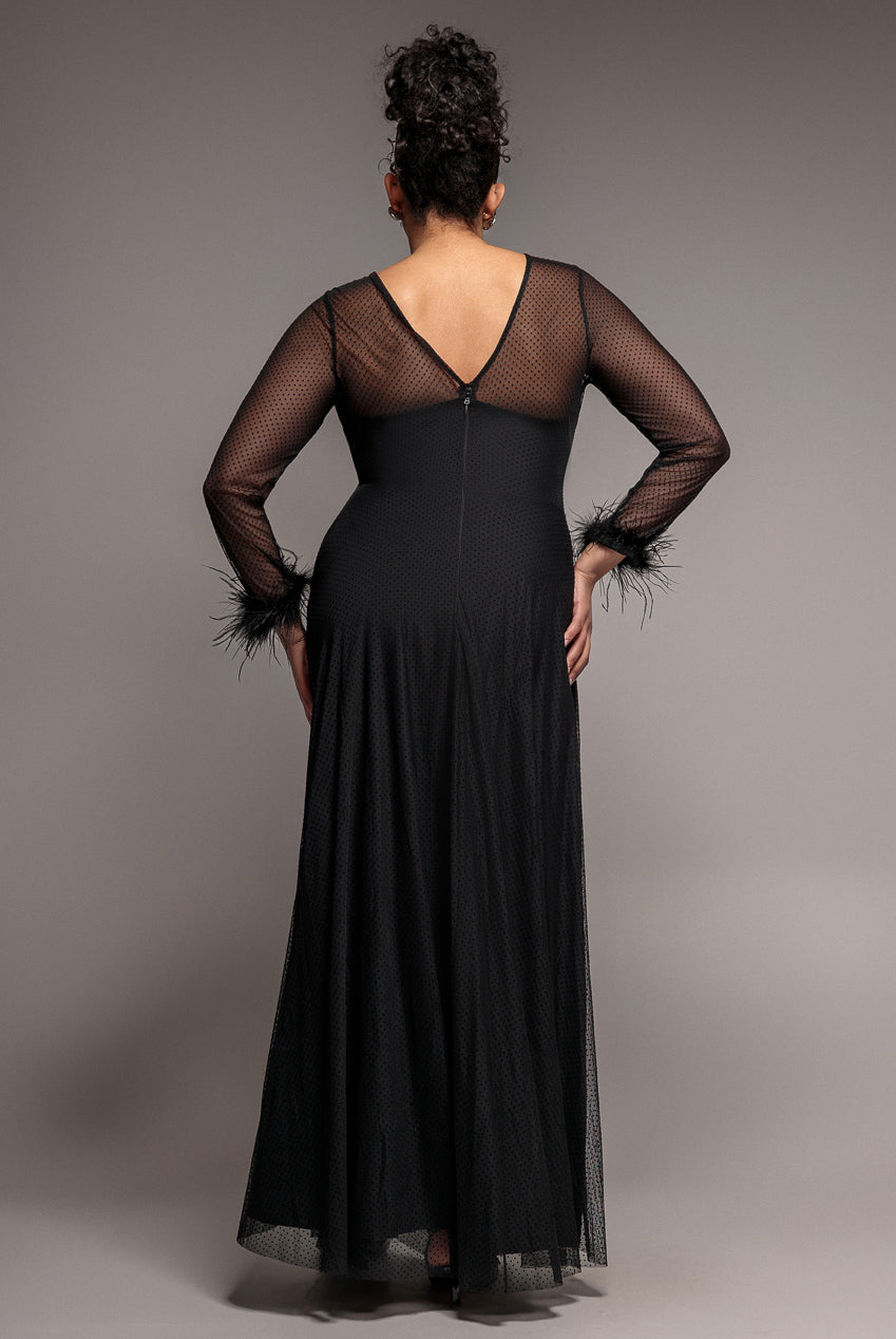 Dobby Mesh Feather Sleeve Hem Maxi Dress - Black DR4046PLUS