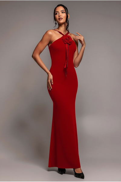Red - Racer Neck Corsage Scuba Maxi - Red by Goddiva