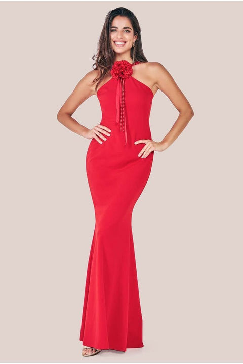 Racer Neck Corsage Scuba Maxi - Red by Goddiva