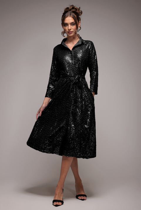 Sequin Skater Shirt Dress - Black by Goddiva