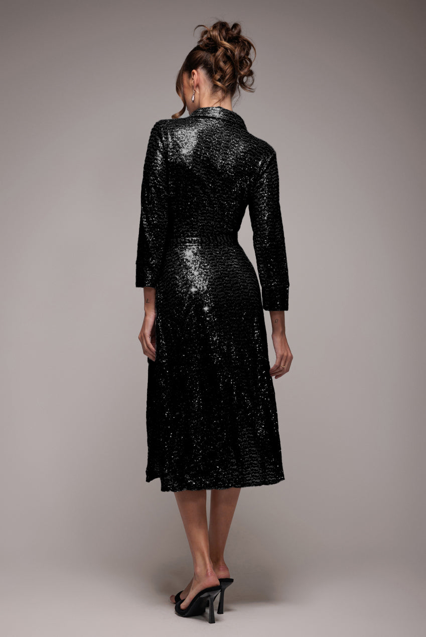 Sequin Skater Shirt Dress - Black DR4061