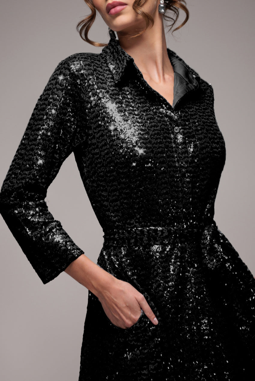 Sequin Skater Shirt Dress - Black DR4061