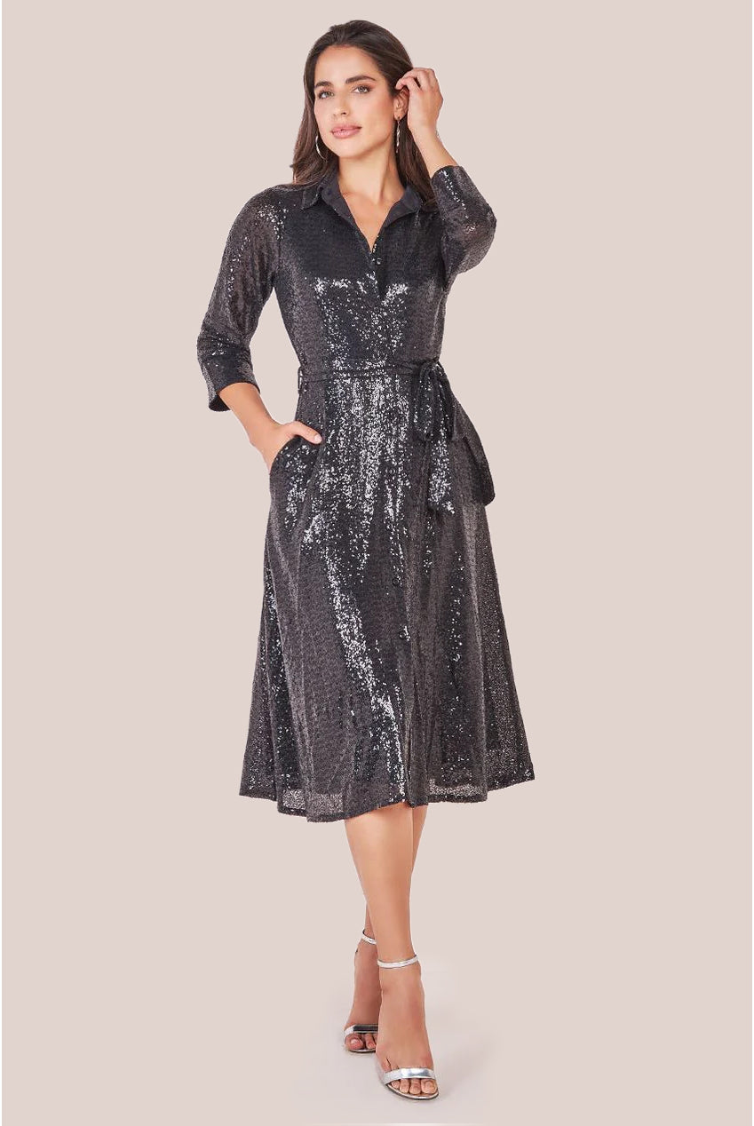 Sequin Skater Shirt Dress - Black DR4061