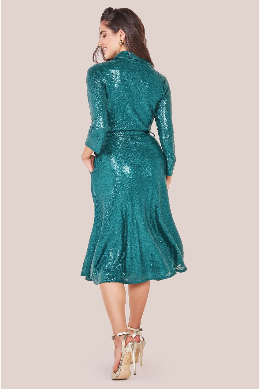 Sequin Skater Shirt Dress - Emerald Green DR4061