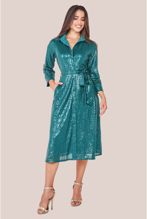 Sequin Skater Shirt Dress - Emerald Green DR4061