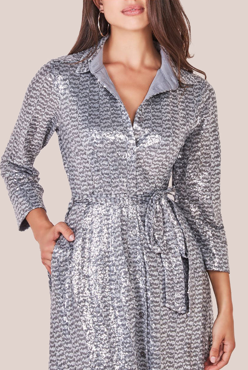 Sequin Skater Shirt Dress - Silver DR4061