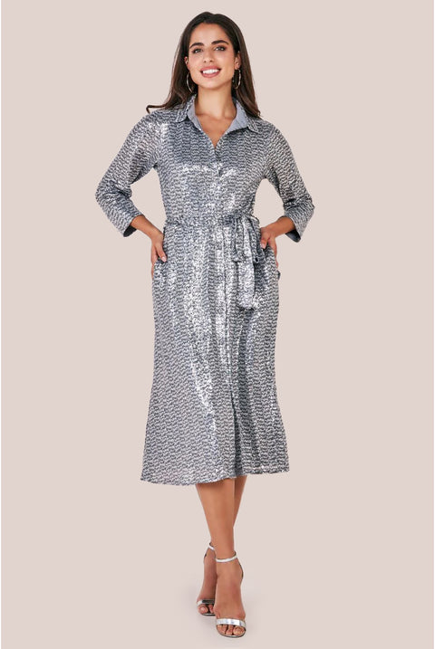 Sequin Skater Shirt Dress - Silver DR4061