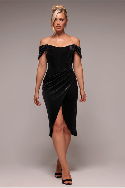 Draped Shoulder Velvet Corset Midi Dress - Black | Goddiva Draped Shoulder Velvet Corset Midi Dress - Black | Goddiva