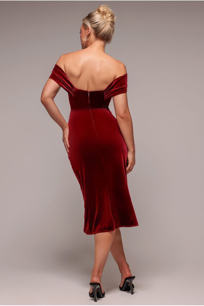 Draped Shoulder Velvet Corset Midi Dress - Wine | Goddiva Draped Shoulder Velvet Corset Midi Dress - Wine | Goddiva