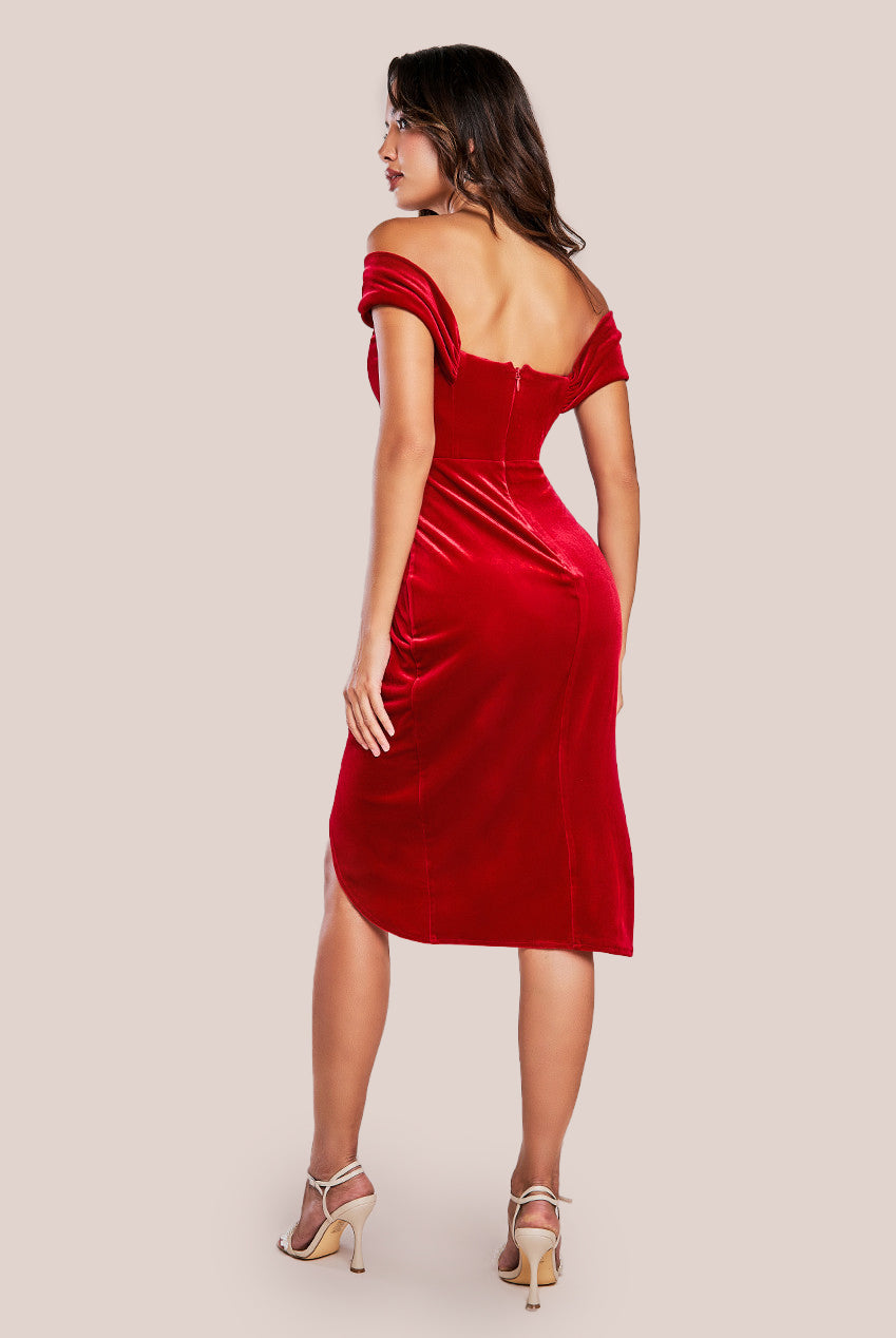 Draped Shoulder Velvet Corset Midi - Red DR4066