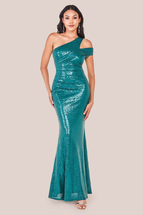 One Shoulder Sequin Evening Maxi - Emerald Green by Goddiva