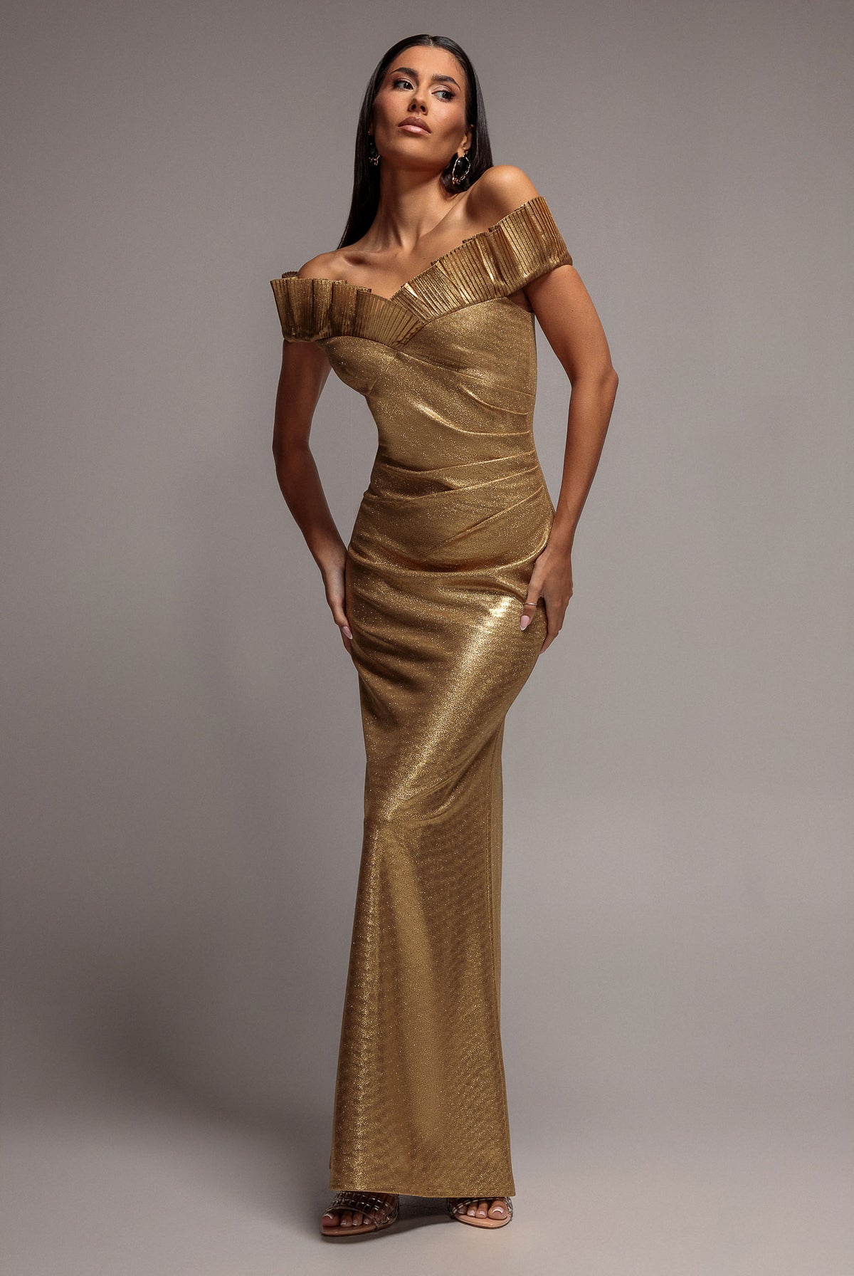 Fan Pleated Bardot Scuba Crepe Maxi - Gold DR4070