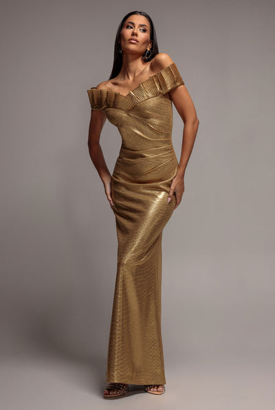 Gold - Fan Pleated Bardot Scuba Crepe Maxi - Gold by Goddiva