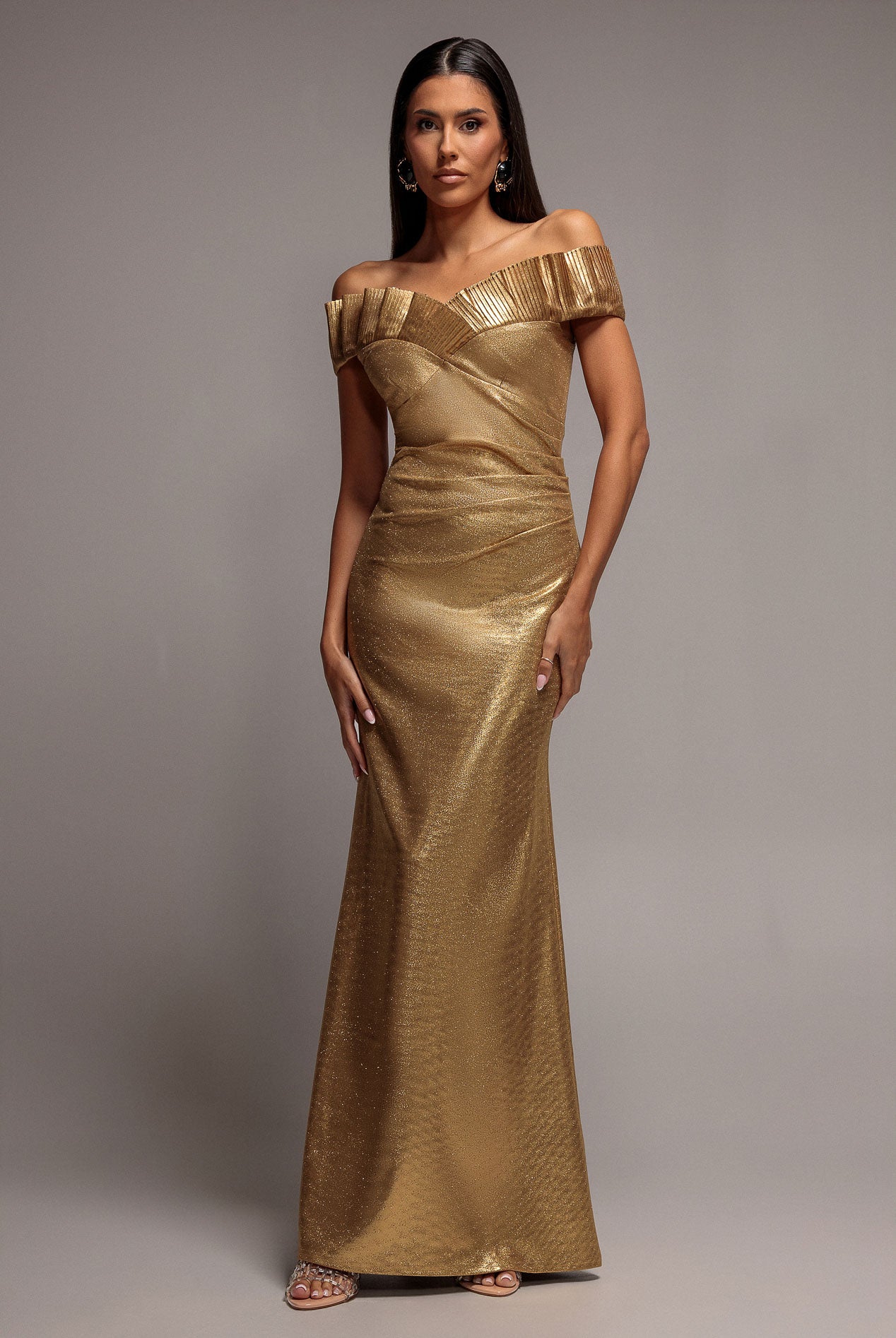 Fan Pleated Bardot Scuba Crepe Maxi - Gold DR4070
