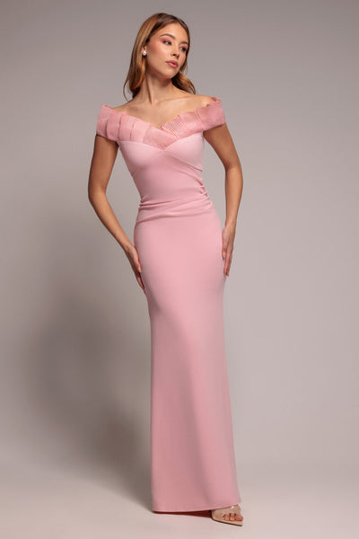 Blush Pink - Fan Pleated Bardot Scuba Crepe Maxi Dress - Blush Pink by Goddiva
