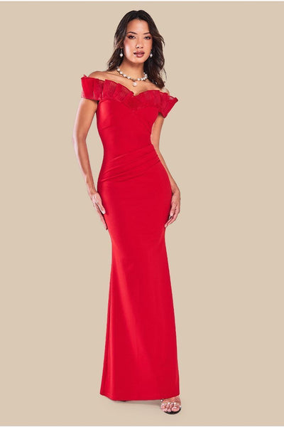 Red - Fan Pleated Bardot Scuba Crepe Maxi - Red by Goddiva