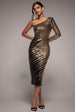 One Sleeve Diagonal Sequin Midi - Gold by Goddiva