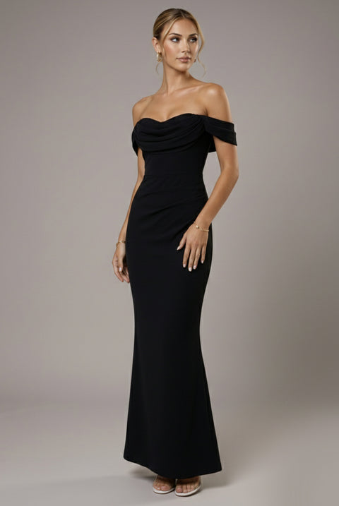 Chiffon Off The Shoulder Cowl Neck Maxi Dress - Black by Goddiva