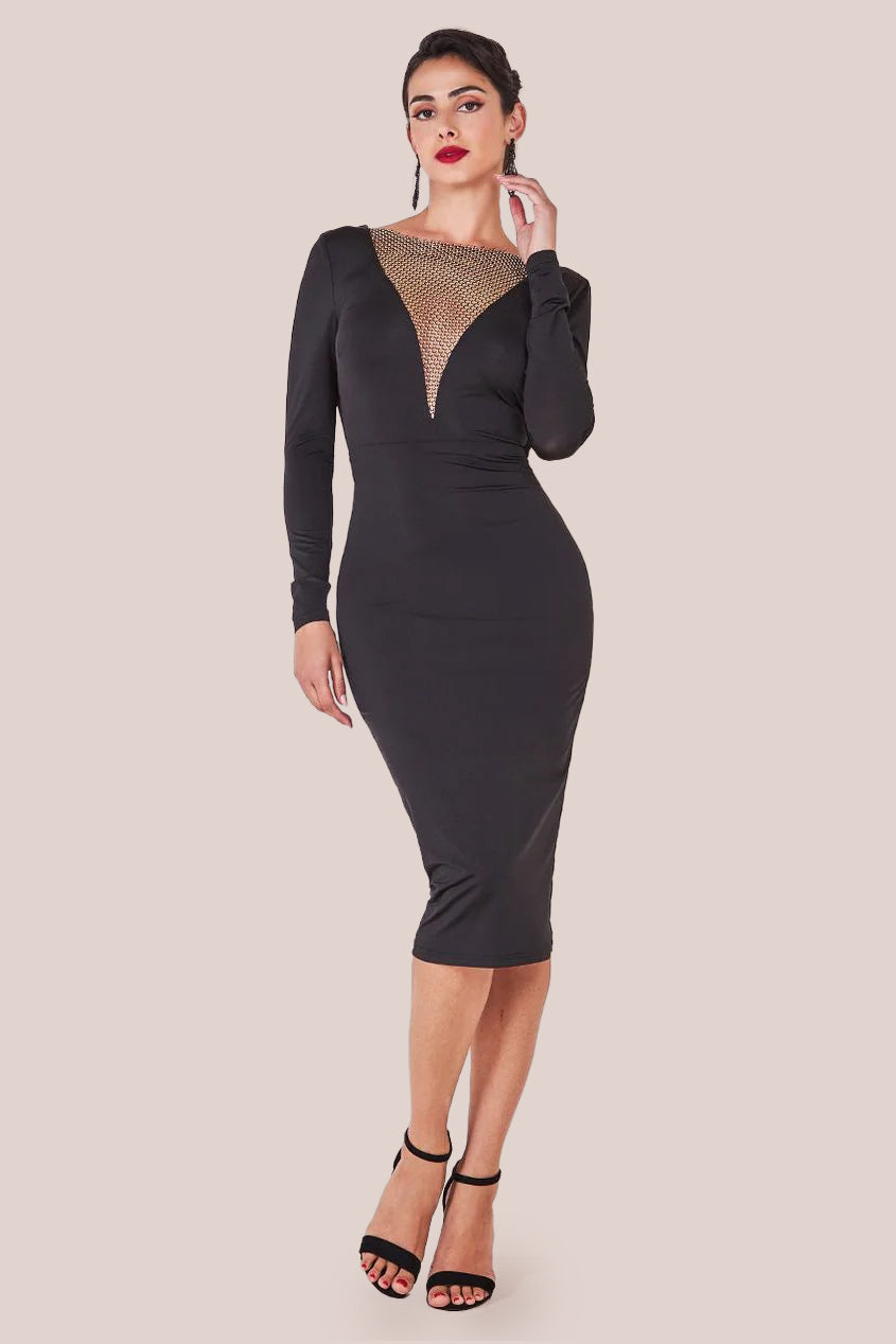 Diamante Fishnet Cowl Back Midi - Black DR4073