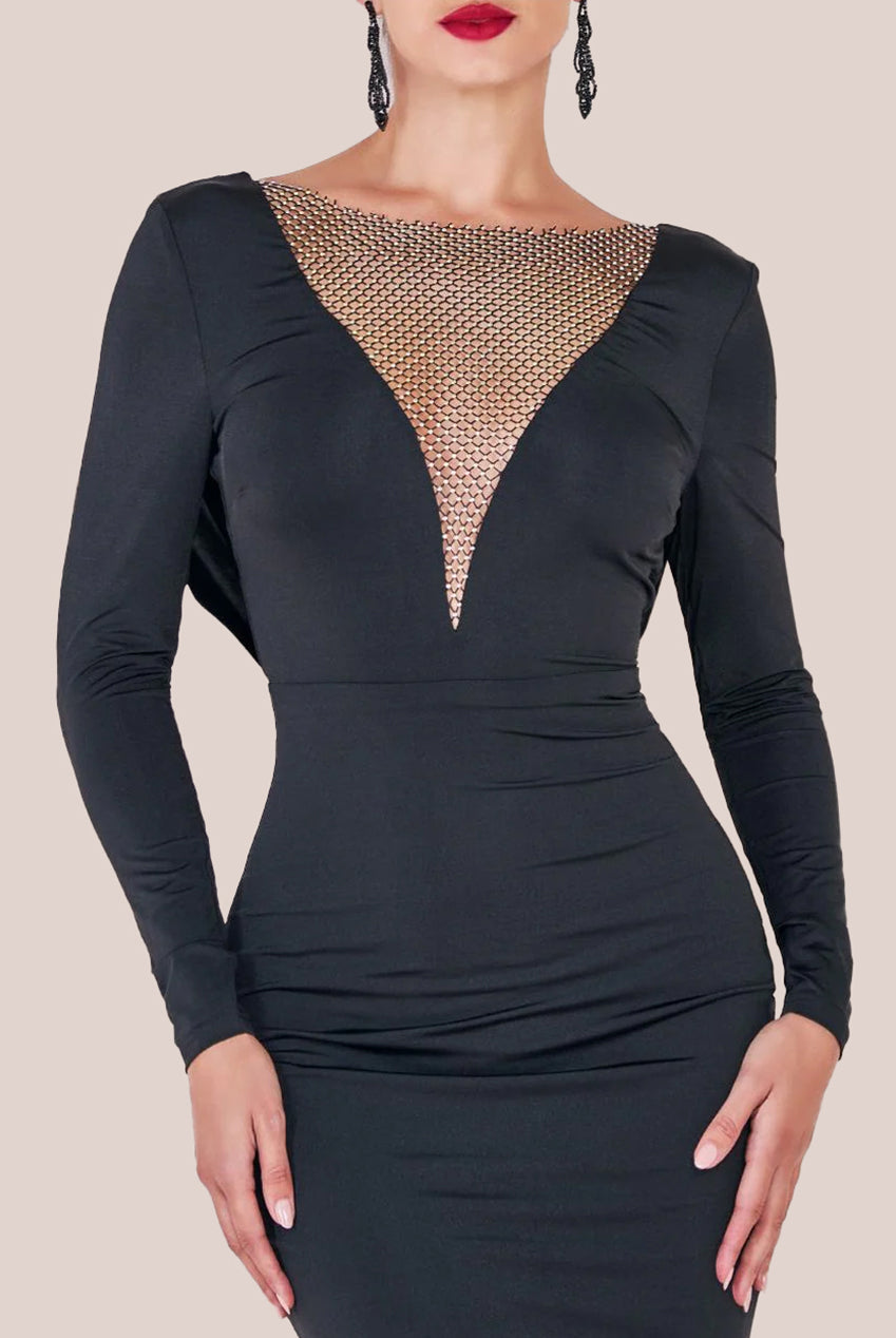 Diamante Fishnet Cowl Back Midi - Black DR4073