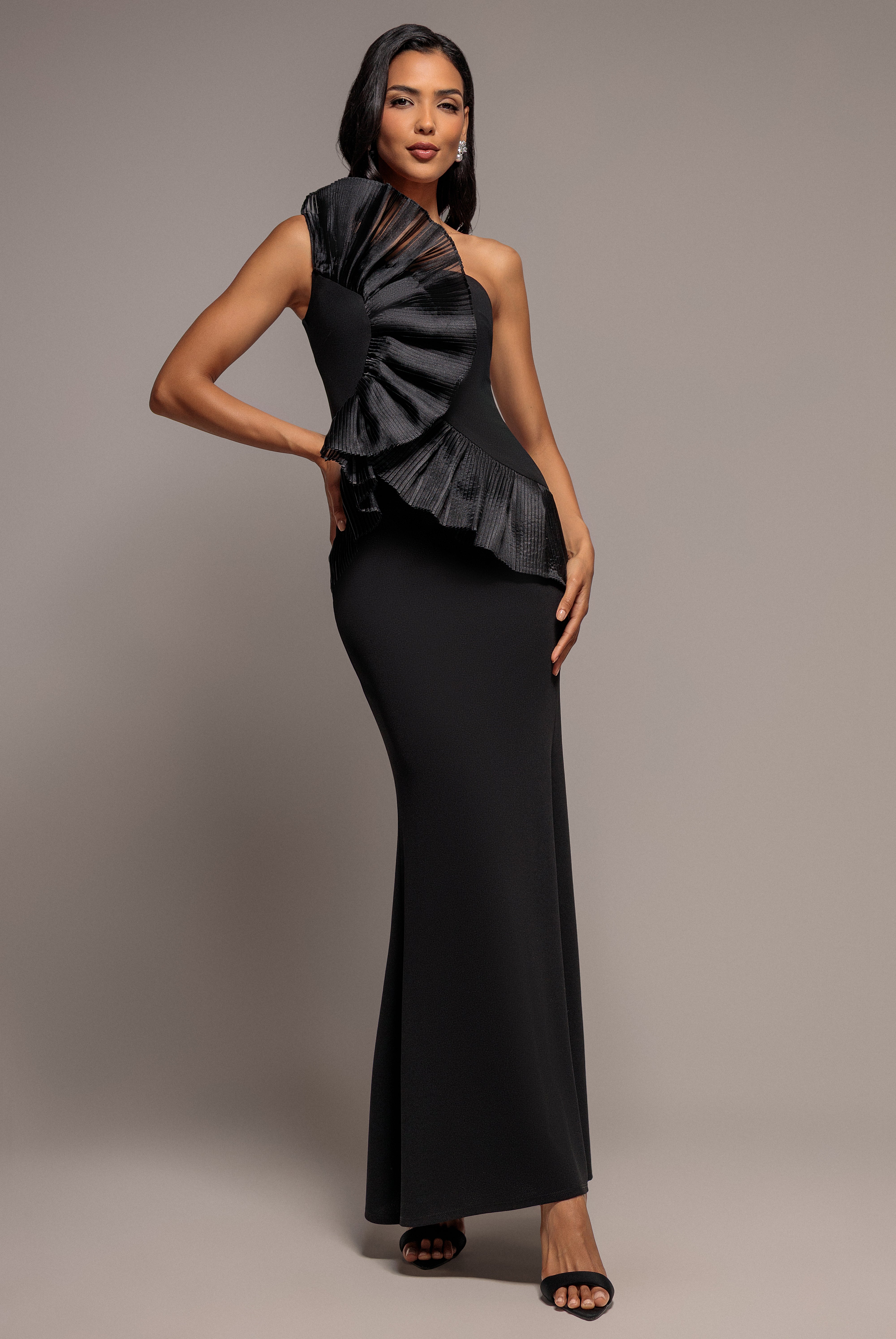 One Shoulder Pleated Fan Maxi Dress - Black DR4075