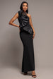 One Shoulder Pleated Fan Maxi Dress - Black by Goddiva