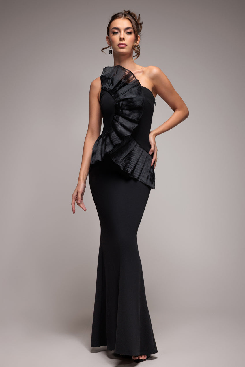 One Shoulder Pleated Fan Maxi Dress - Black DR4075