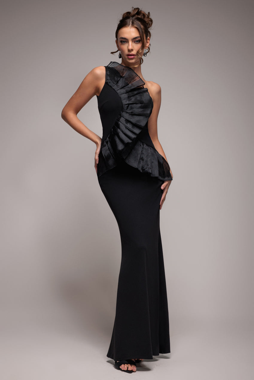 One Shoulder Pleated Fan Maxi Dress - Black DR4075