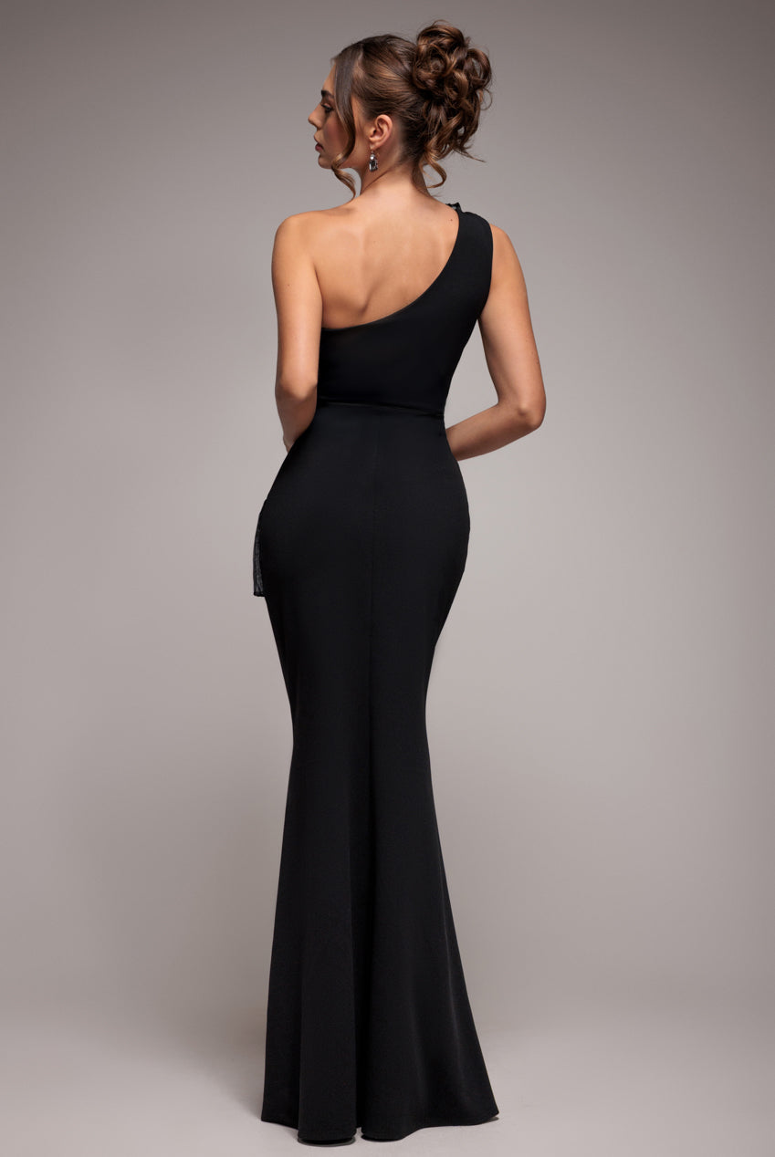 One Shoulder Pleated Fan Maxi Dress - Black DR4075