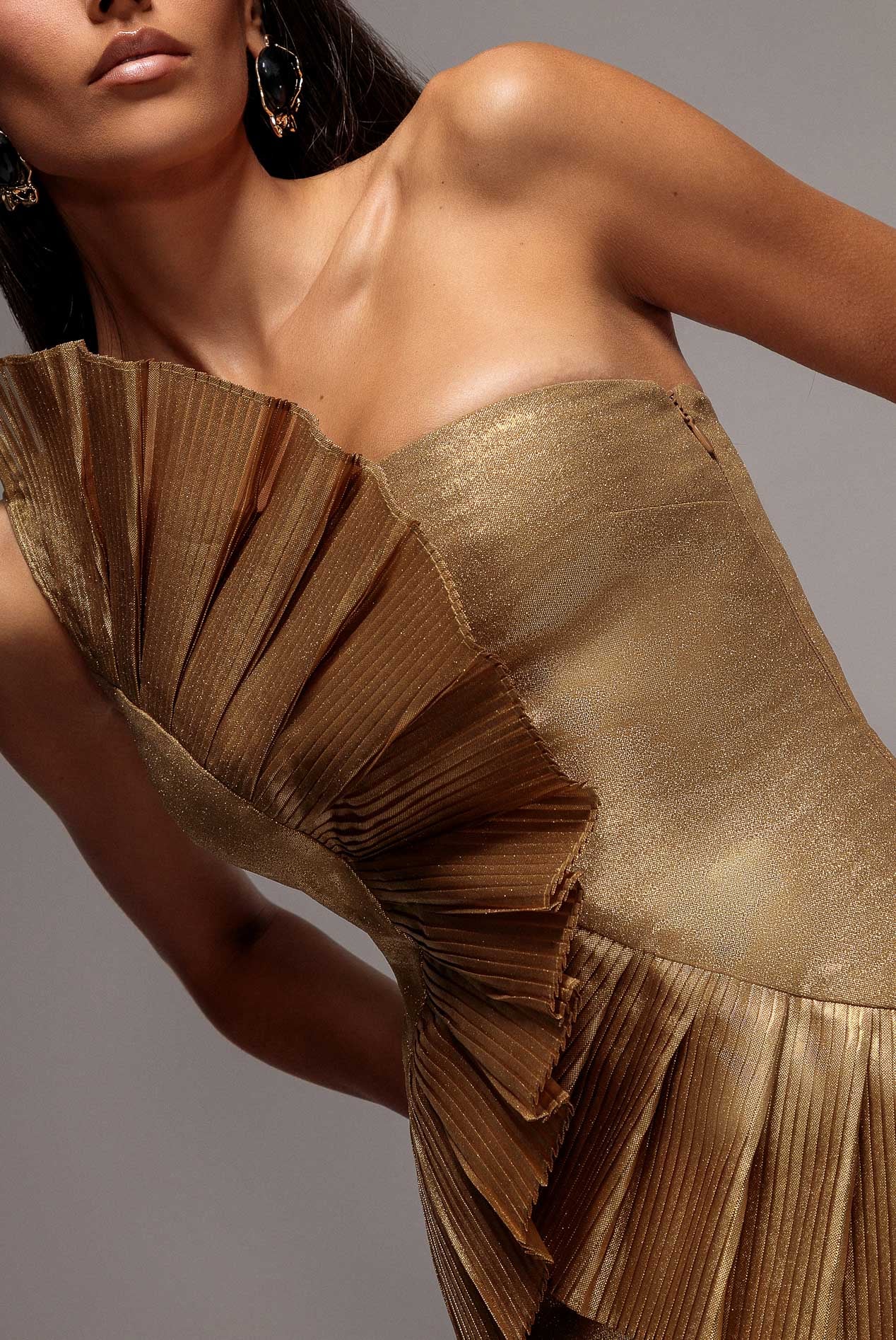 One Shoulder Pleated Fan Maxi Dress - Gold DR4075