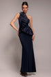 One Shoulder Pleated Fan Maxi Dress - Navy Blue by Goddiva