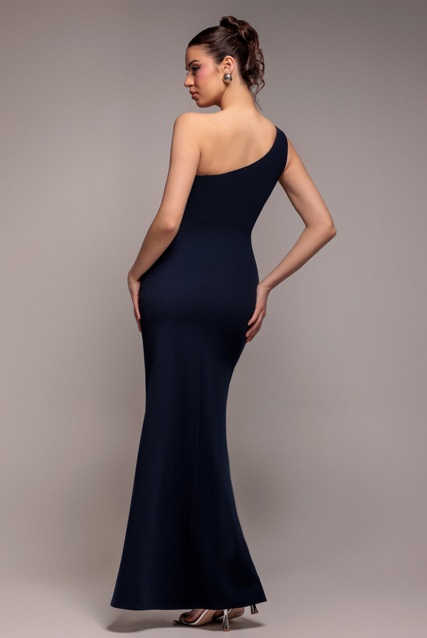 One Shoulder Pleated Fan Maxi Dress - Navy Blue DR4075