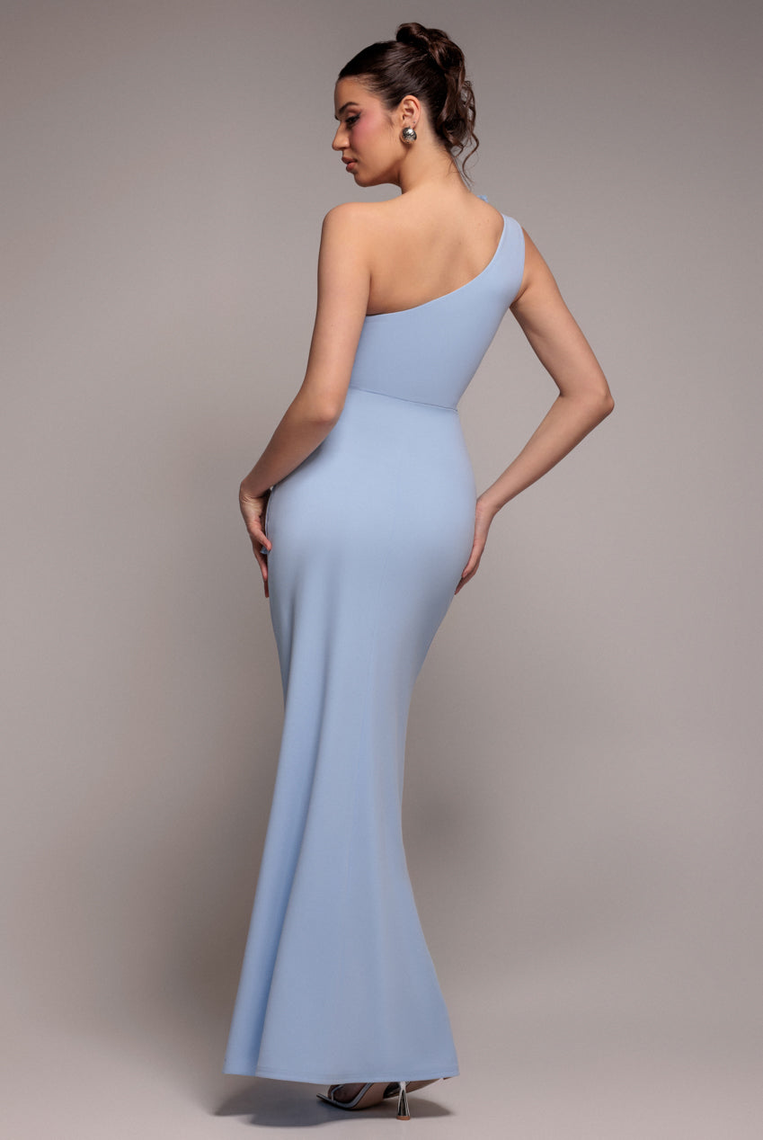 One Shoulder Pleated Fan Maxi Dress - Powder Blue DR4075