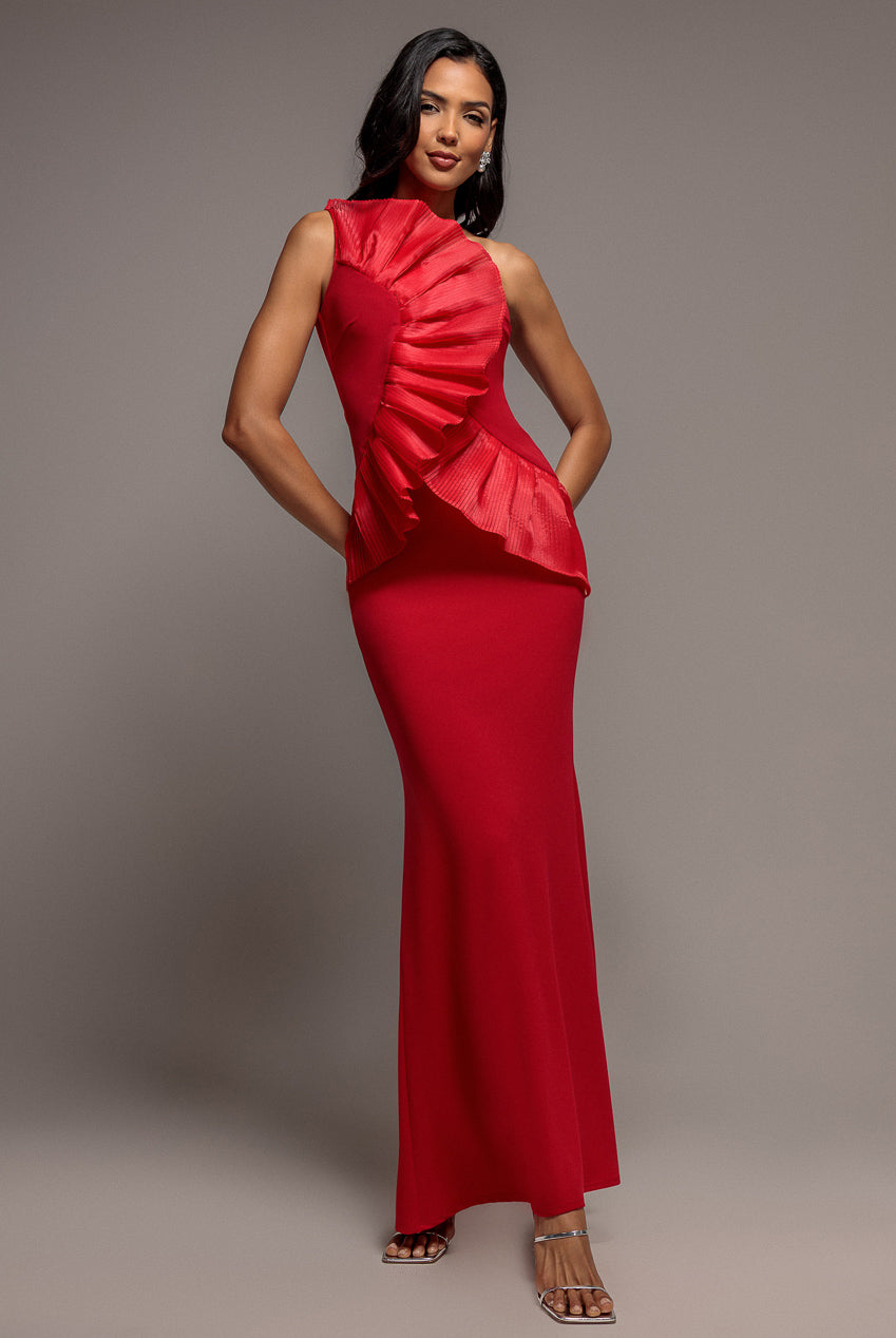 One Shoulder Pleated Fan Maxi Dress - Red DR4075