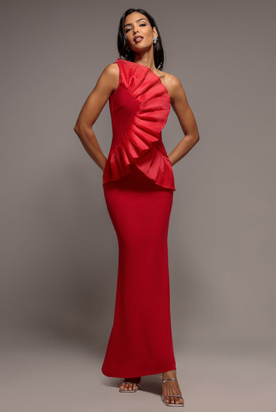 One Shoulder Pleated Fan Maxi Dress - Red by Goddiva