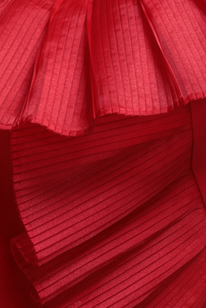 One Shoulder Pleated Fan Maxi Dress - Red DR4075