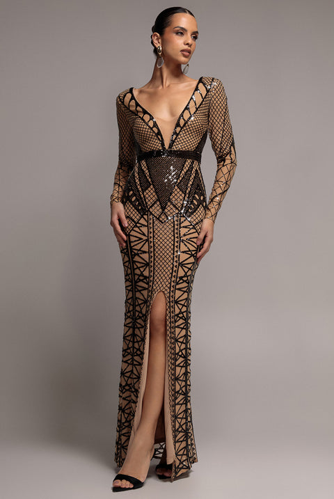 Geometric Sequin Plunge Maxi - Black by Goddiva