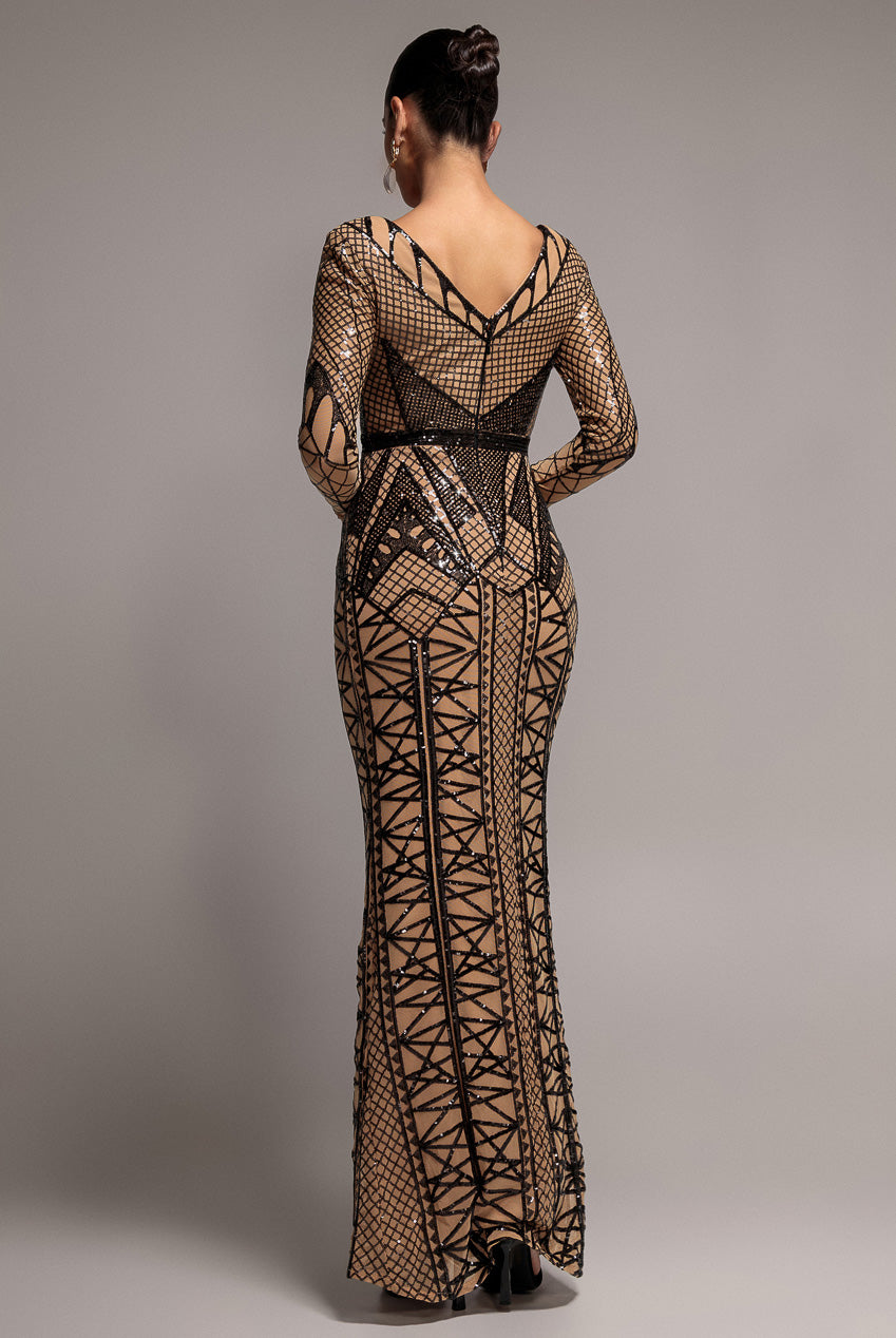 Geometric Sequin Plunge Maxi - Black DR4081