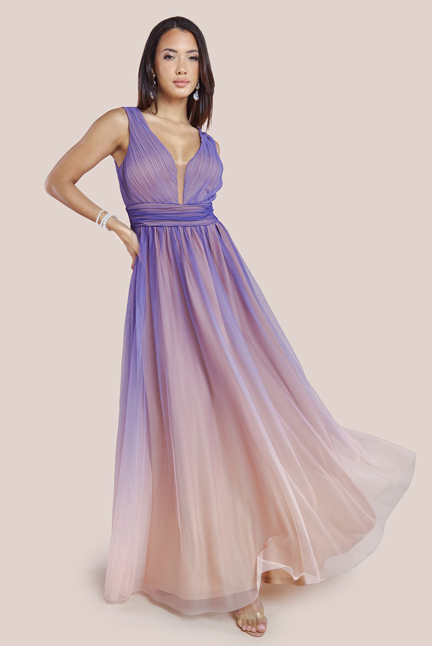 Sleeveless Ombre Pleated A-Line Maxi Dress - Lilac Ombre DR4083