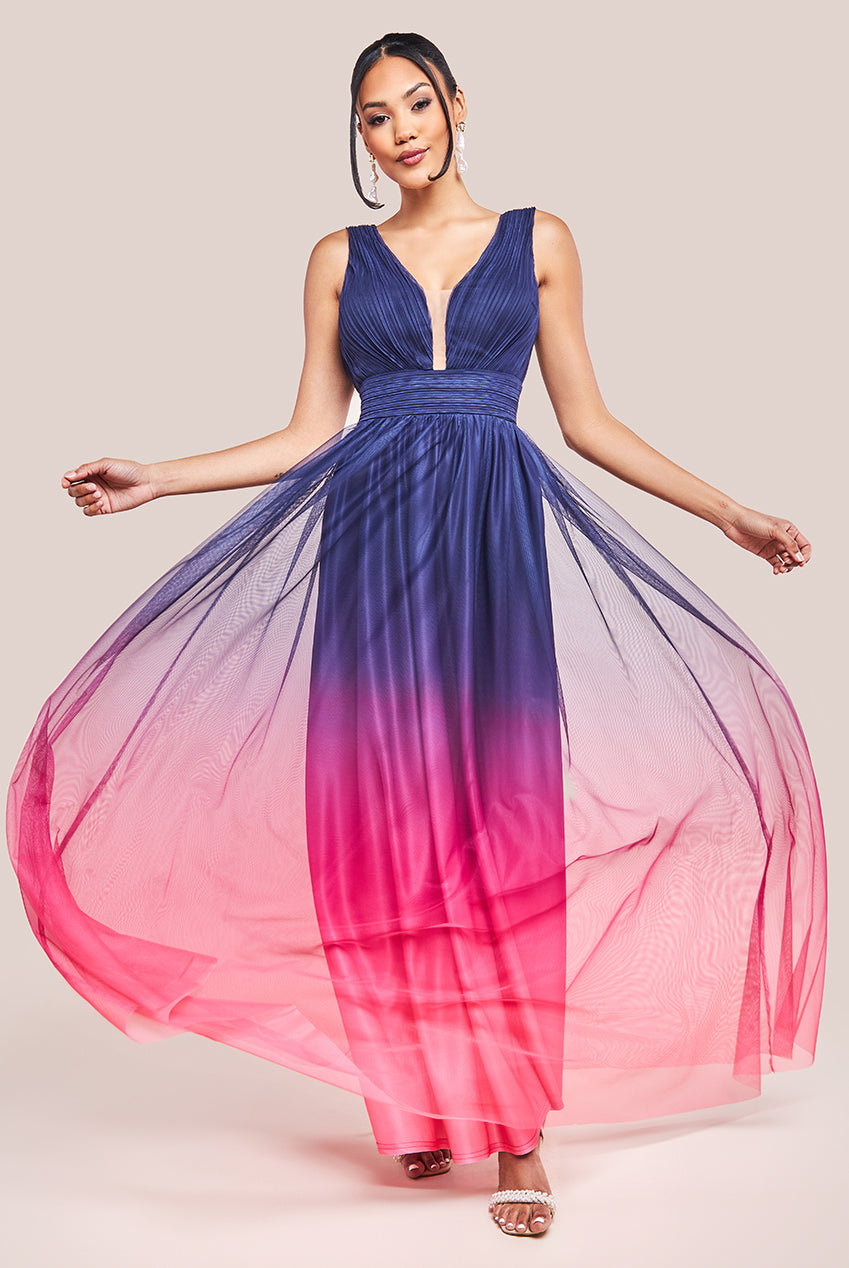 Sleeveless Ombre Pleated A-Line Maxi Dress - Pink Ombre DR4083